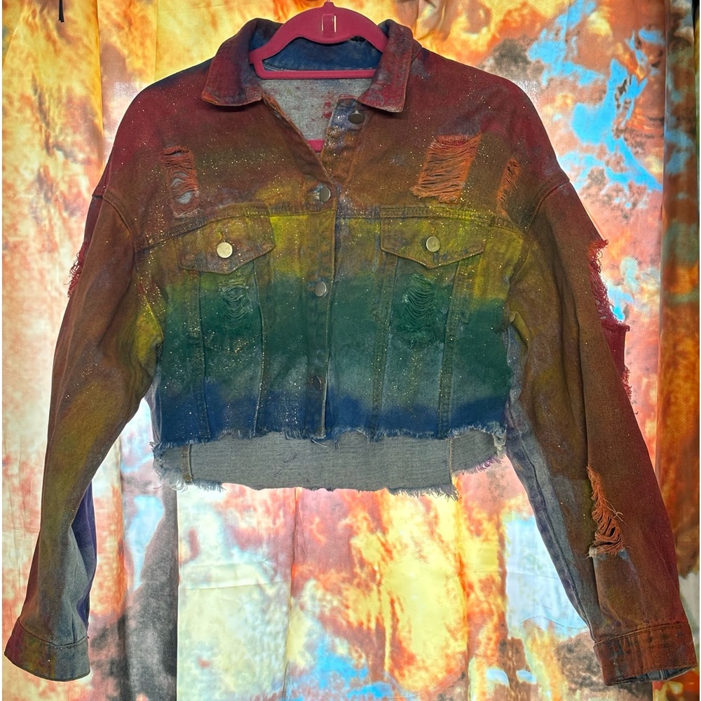 Upcycled Cropped Denim Pride Jacket Unisex W Medium/Large M Small